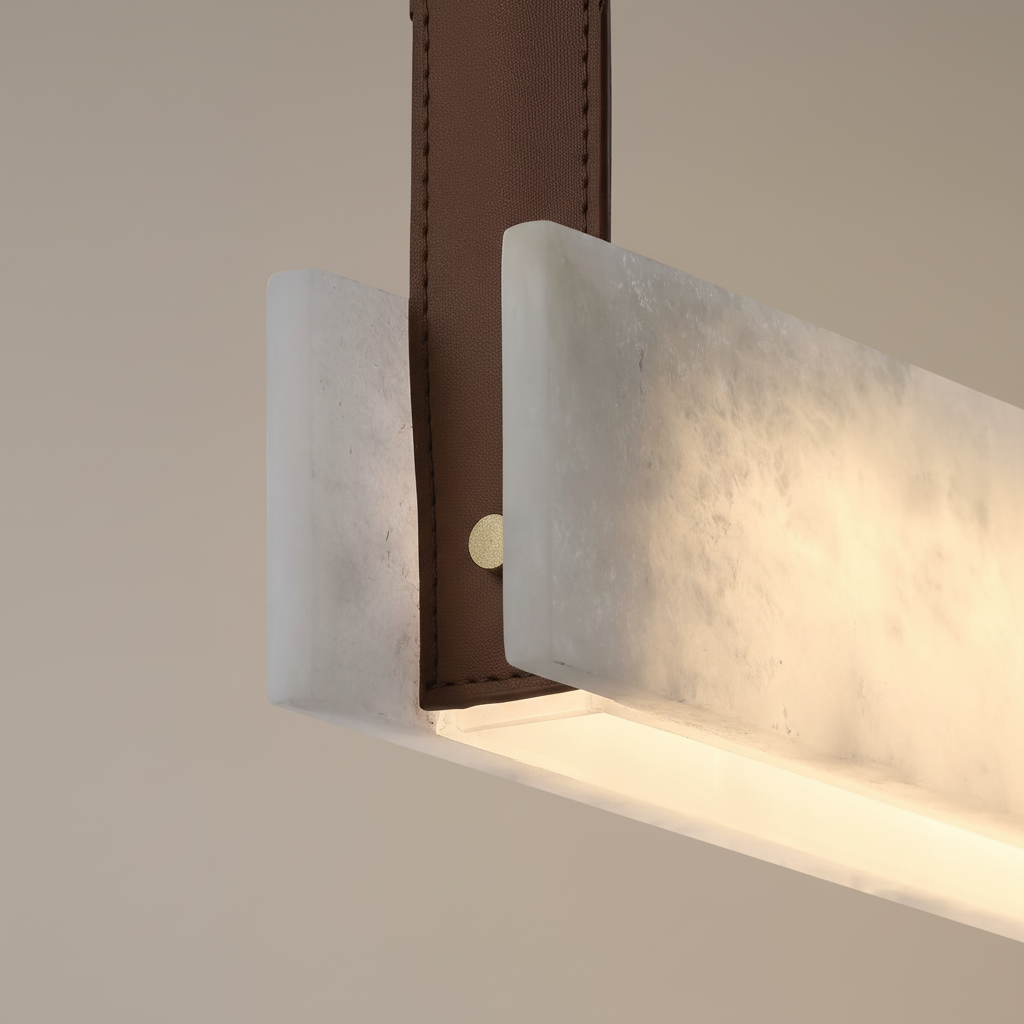 detail view of CloudLine custom linear pendant in Spanish alabaster with leather suspension and copper fittings for architectural lighting