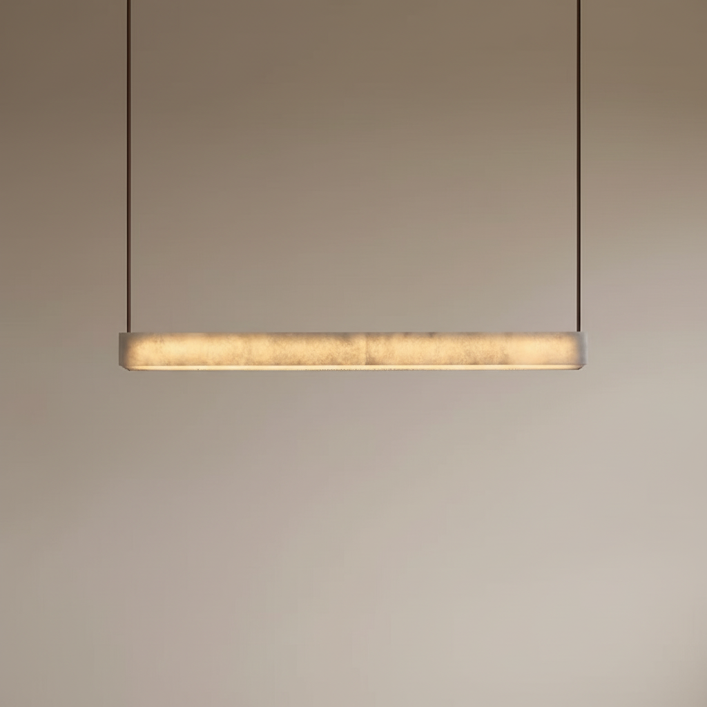 CloudLine LED linear pendant light in natural Spanish alabaster creating soft modern designer lighting in a contemporary interior
