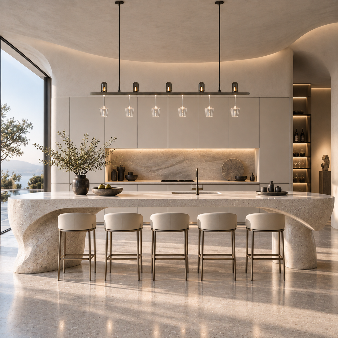 Connaught Bar linear pendant light in grey suspended above a sculptural stone island in a light minimalist coastal kitchen