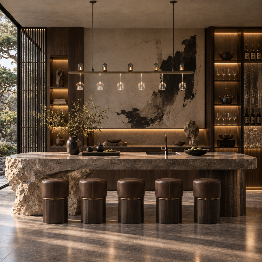 Connaught Bar linear pendant light with six clear glass shades over a natural stone kitchen island in a dark Japandi kitchen
