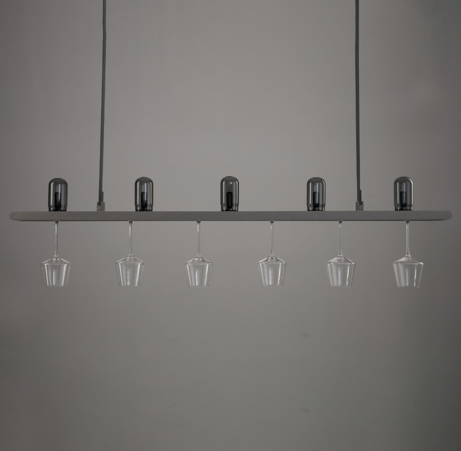 close up of Connaught Bar Linear Pendant Light featuring silicone straps and LED bar lighting