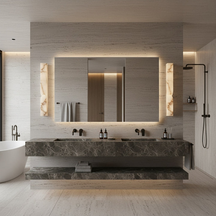 Cordoba 600 alabaster wall light creating warm ambient illumination in a contemporary powder room ideal for luxury interior lighting and decorative wall lamp design.