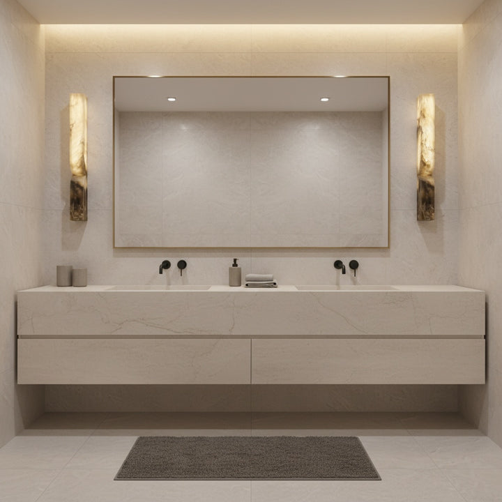 Cordoba 600 bronze vein alabaster wall light creating soft ambient illumination in a contemporary powder room ideal for luxury interior lighting and designer wall lamp applications.