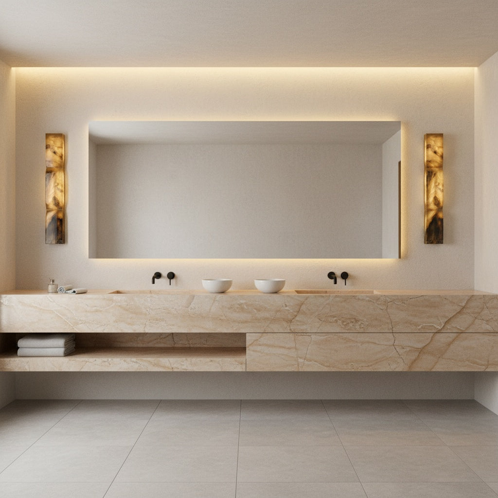 Cordoba 700 alabaster wall light creating warm ambient illumination in a contemporary powder room ideal for luxury interior lighting and designer wall lamp use.