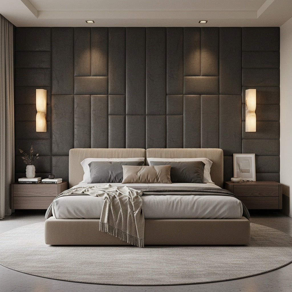 Cordoba alabaster wall lamp adding warm ambient glow to a modern bedroom ideal for home lighting and contemporary interior wall light design.