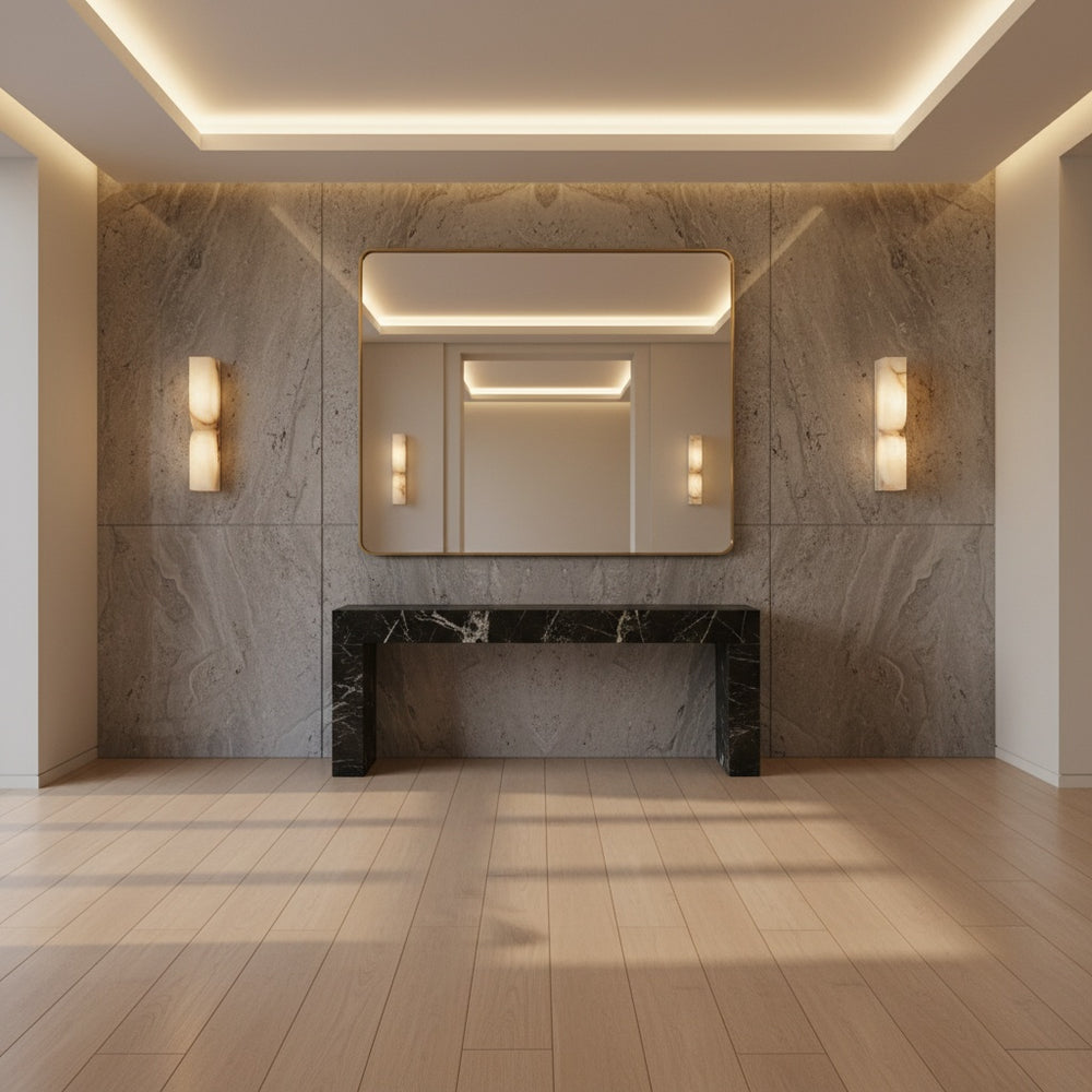 Cordoba alabaster wall light casting warm ambient lighting in a contemporary living room ideal for home lighting and decorative wall lamp applications.
