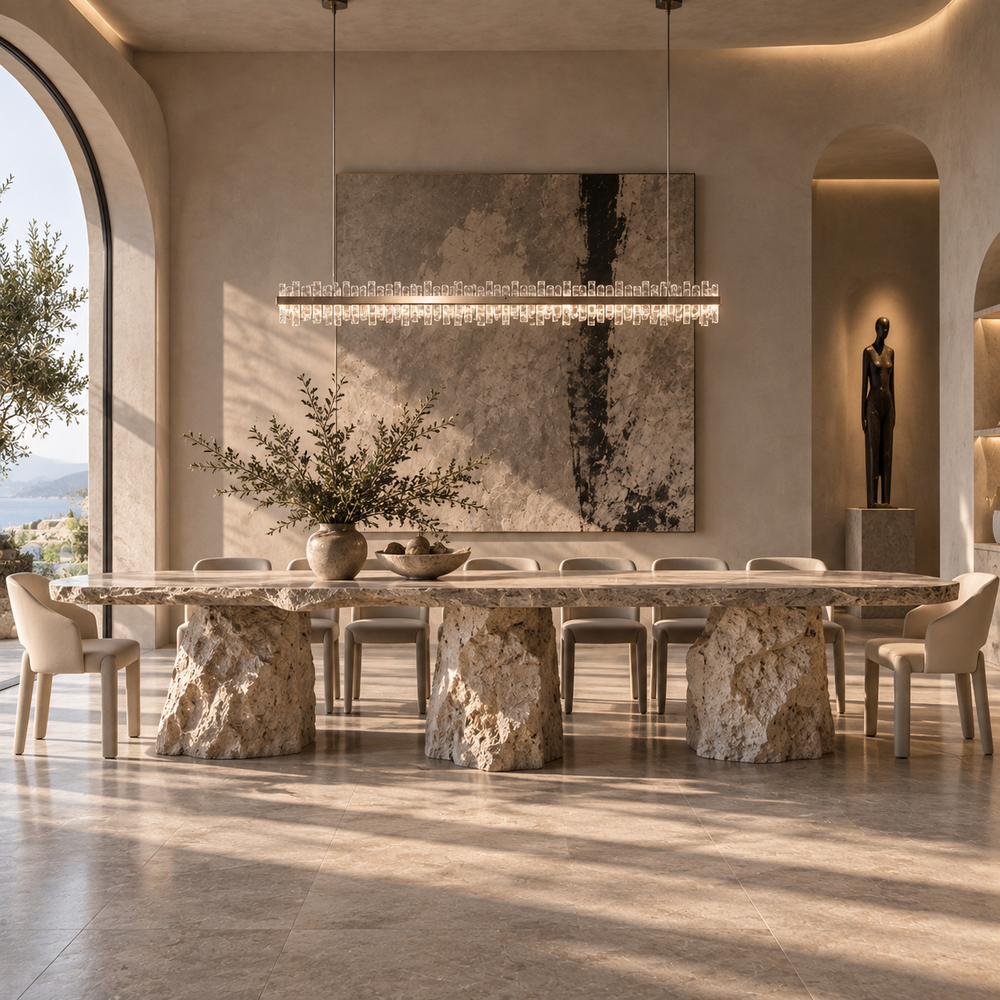 Crown linear pendant light with hand-blown textured glass above a raw stone dining table in a light arched dining room