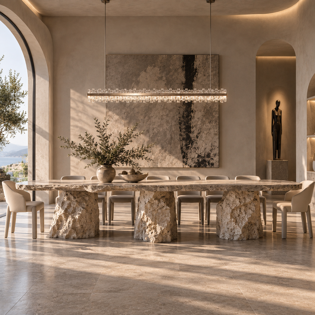 Crown linear pendant light with hand-blown textured glass above a raw stone dining table in a light arched dining room