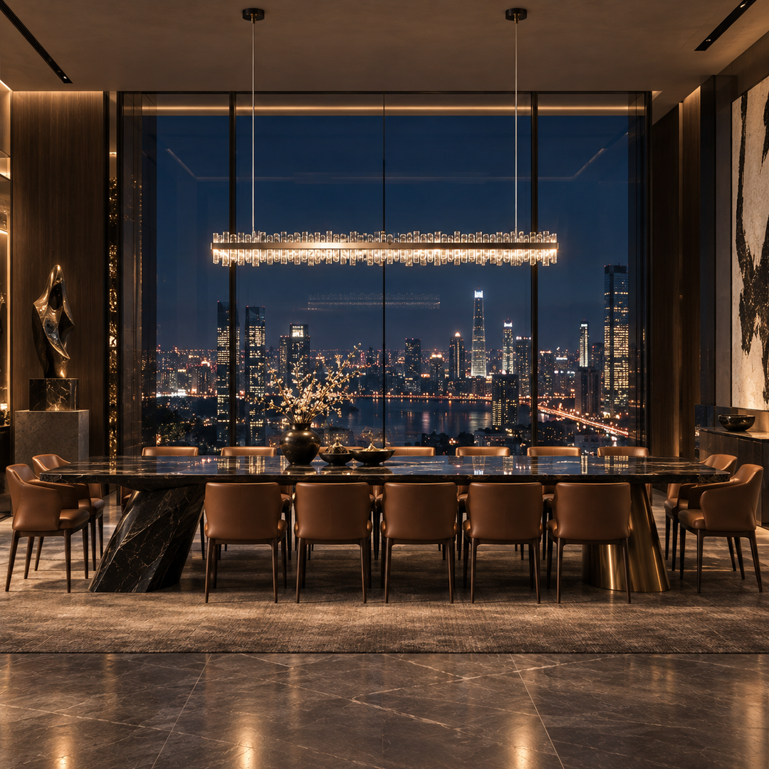 Crown linear pendant light above a long dining table with tan leather chairs in front of a city skyline view at night