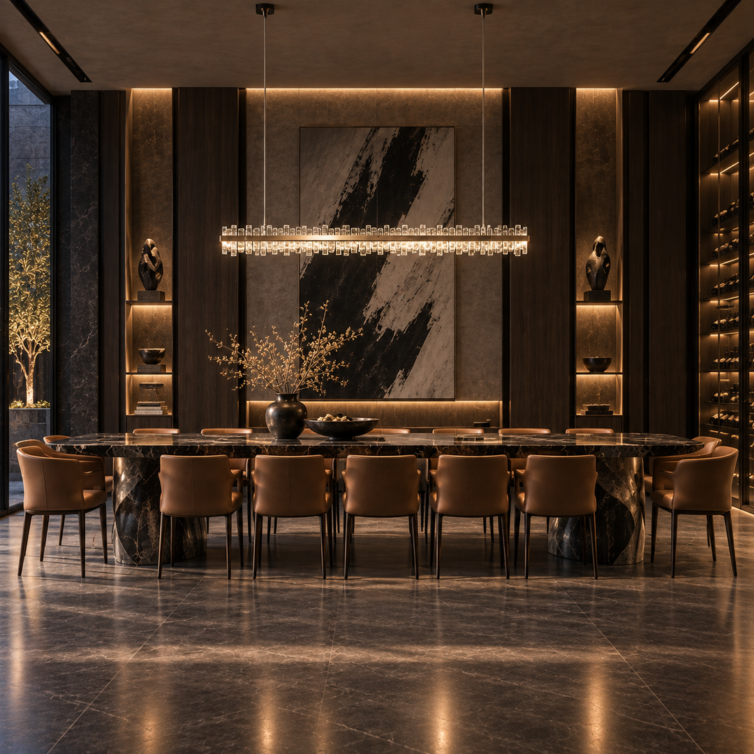 Crown linear pendant light with hand-blown textured glass above a long marble dining table in a dark timber-panelled dining room