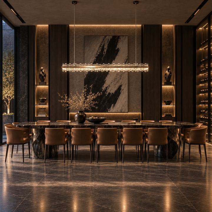 Crown linear pendant light with hand-blown textured glass above a long marble dining table in a dark timber-panelled dining room