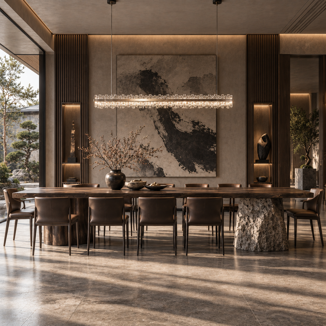 Crown linear pendant light glowing over a timber and stone dining table with dark leather chairs in a Japandi-style dining room