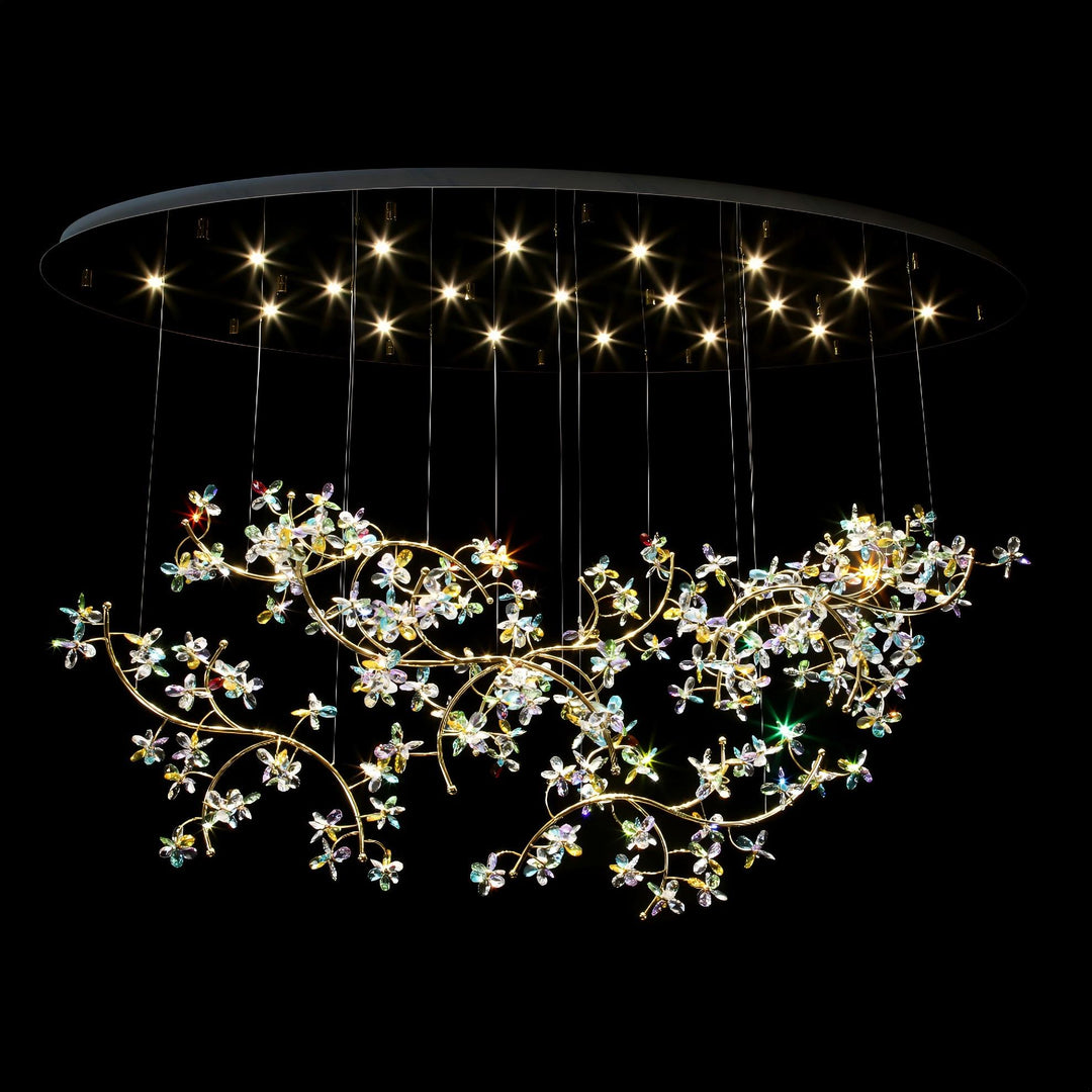 Lucretia Lighting Crystal Blossom bespoke pendant light displayed against a black background showcasing luxury custom lighting with sculptural crystal flower design