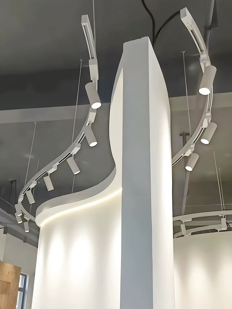 Lucretia Lighting custom architectural track system using Euro 3 Circuits mounted in a curved commercial ceiling installation