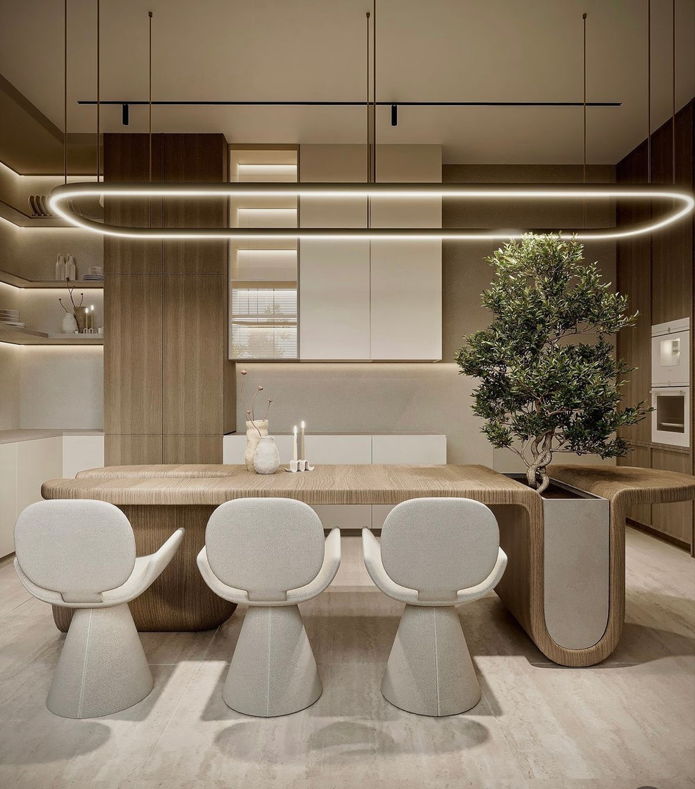 Lucretia Lighting custom oval LED ring light shown as bespoke architectural dining room lighting