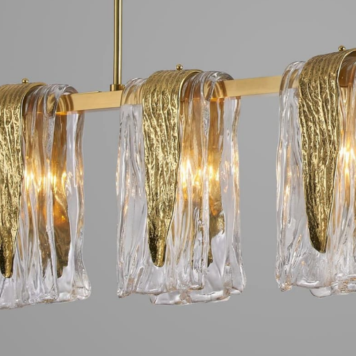 Dali Linear Pendant Light by Lucretia Lighting with contemporary linear brass structure and textured glass details