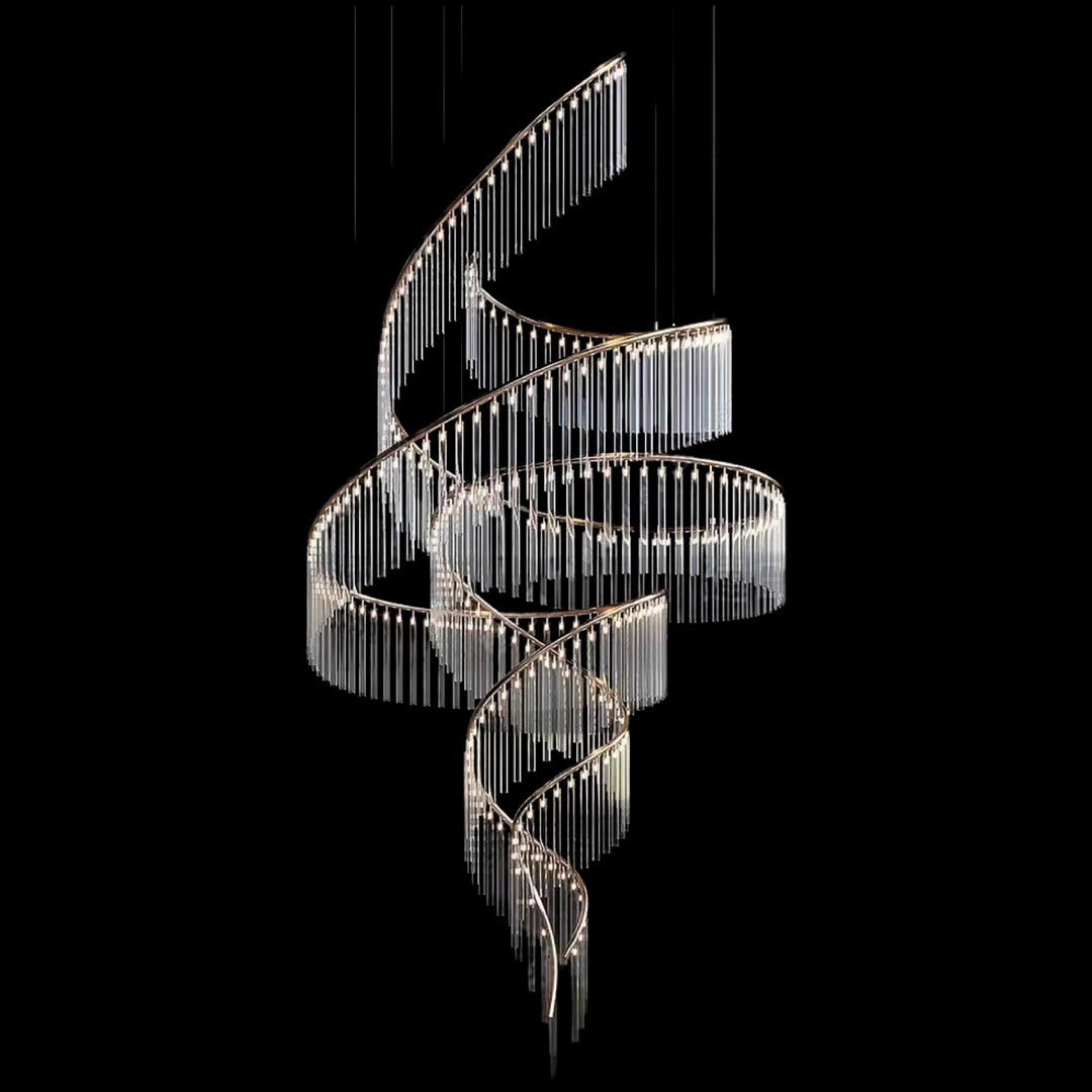Lucretia Lighting Eden bespoke spiral chandelier showcased as a custom sculptural LED lighting feature