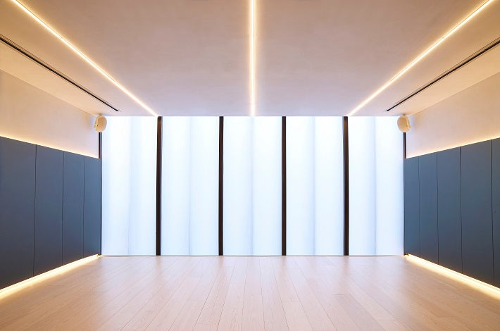 Endless 06011 jointless custom linear LED lighting creating continuous ceiling light lines for architectural interior design