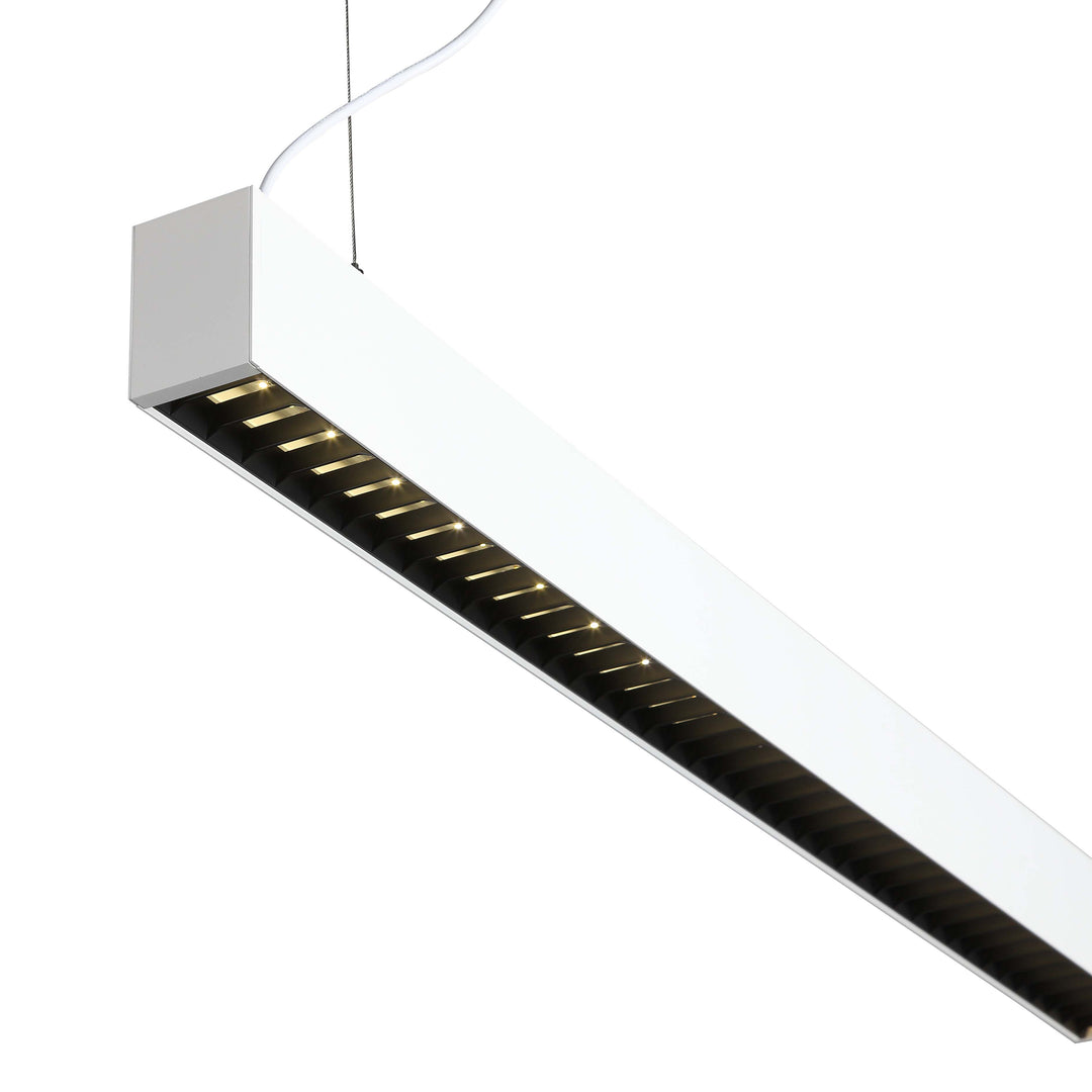 Lucretia Endless 6588 Pro white linear commercial LED light with baffle anti-glare optic for extended ceiling installations.