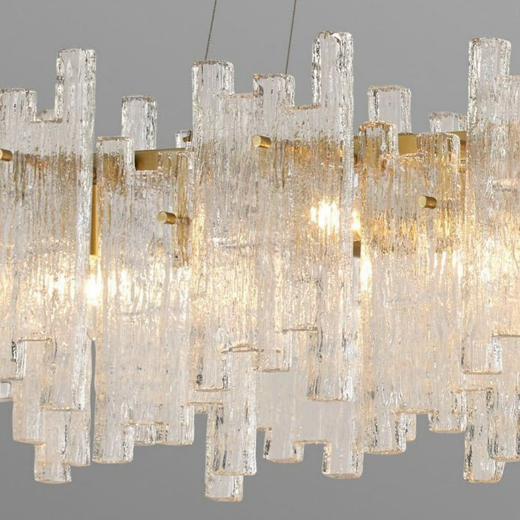 bespoke Eve 1300 Linear Pendant Light with hand-cut textured glass panels by Lucretia Lighting