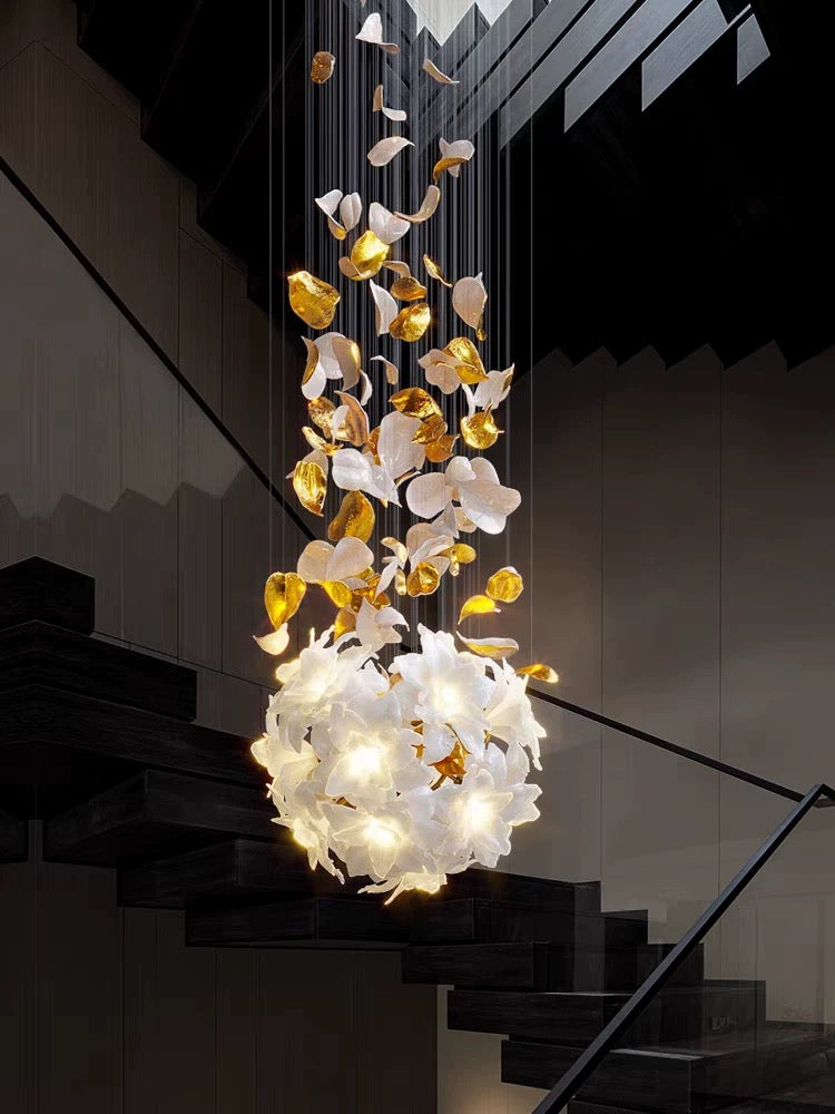 Lucretia Lighting Fall Floral custom floral chandelier used as a luxury void feature light in modern interiors