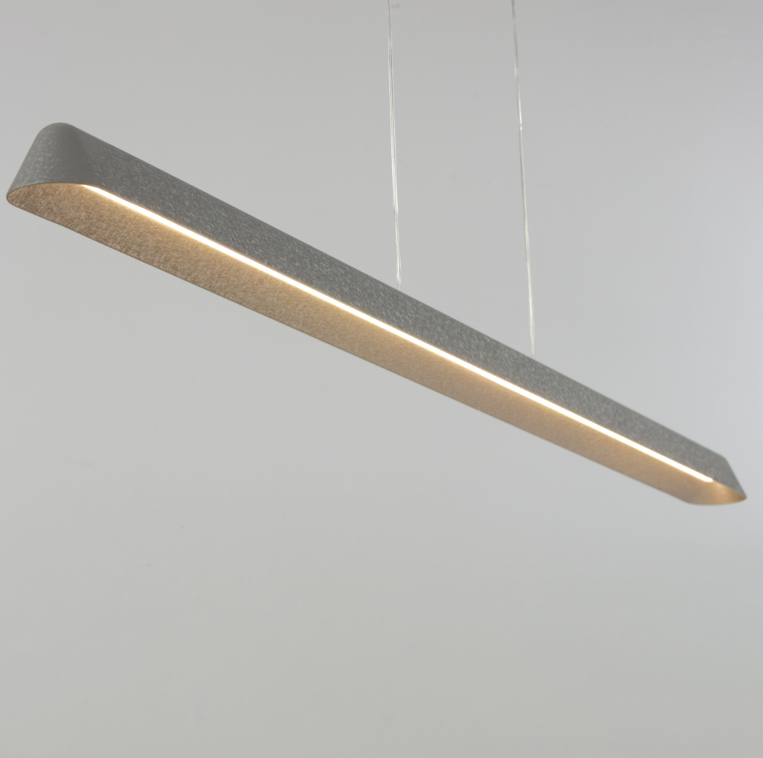 Lucretia Lighting Feldon designer lighting linear pendant for modern kitchen island with matte aluminium body and integrated LED illumination
