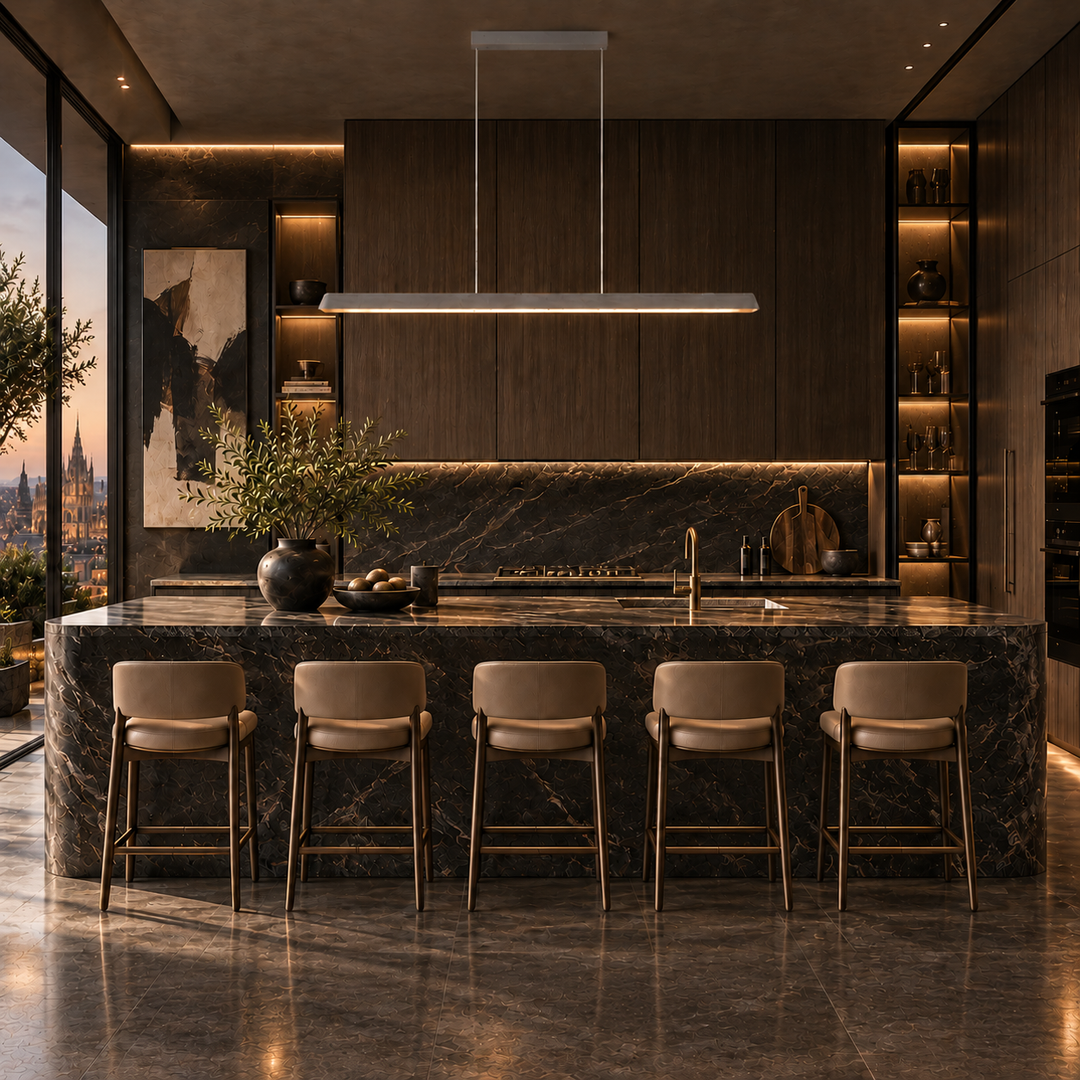 Feldon linear pendant light in khaki off-white above a dark marble kitchen island with timber cabinetry and a dusk city view