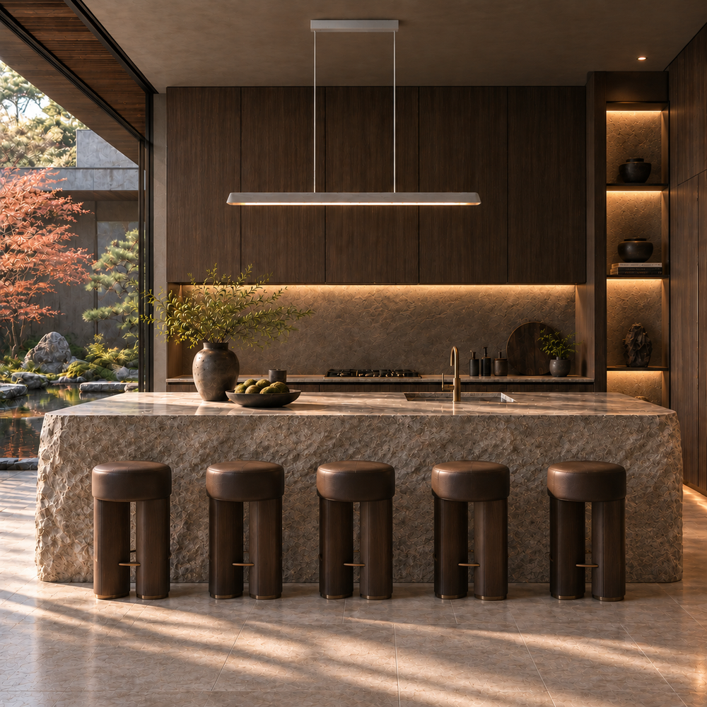 Feldon linear pendant light in khaki off-white over a rough-hewn stone kitchen island with a Japanese garden view