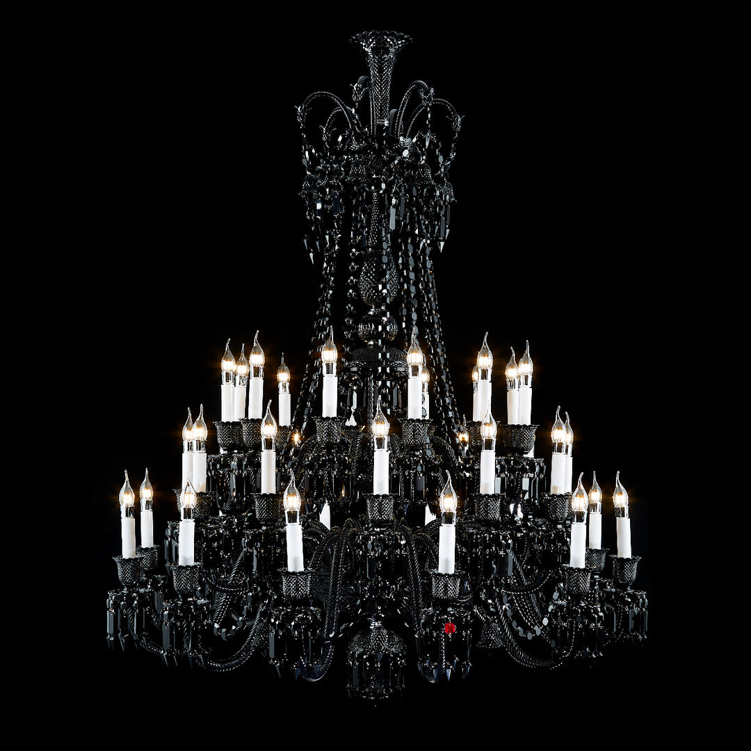 Lucretia Lighting Fleur de Lumière Royale Noire black crystal chandelier, luxury bespoke designer chandelier with 24% lead crystal for grand stair voids and premium interiors