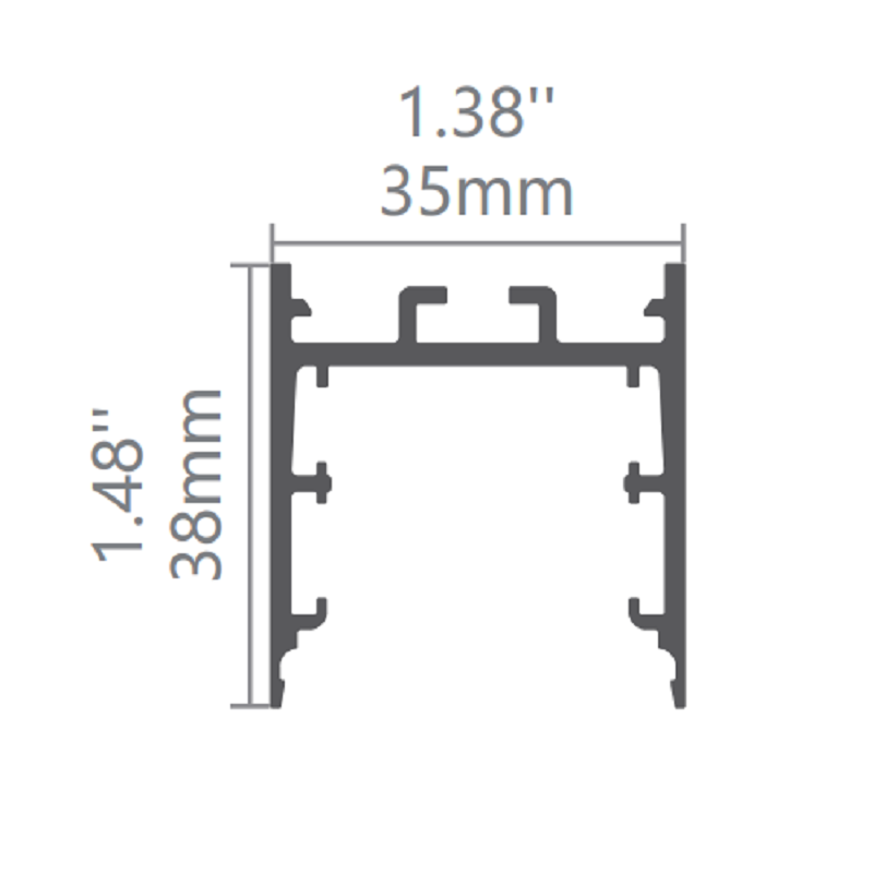 Technical profile dimensions of the Lucretia Lighting FlexCurve 35N modular LED linear light, 35mm by 38mm