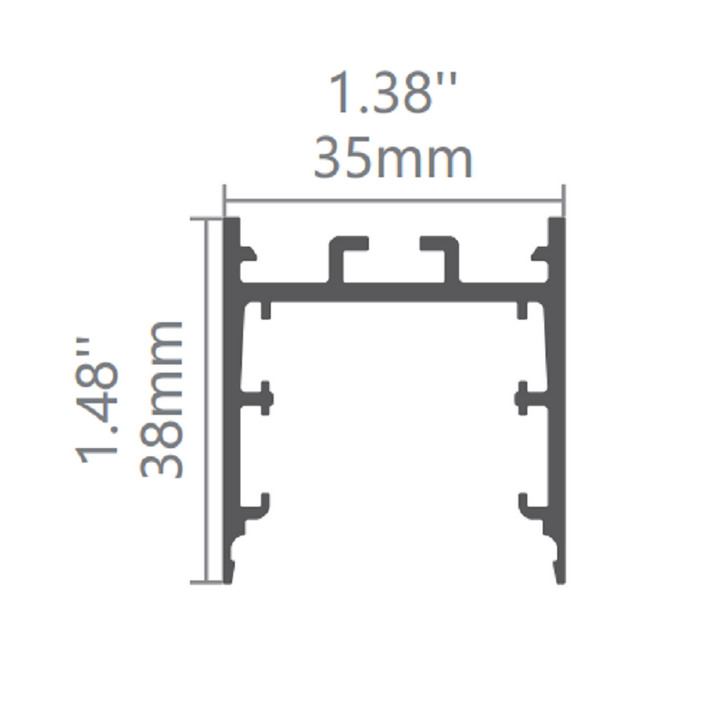 Technical profile dimensions of the Lucretia Lighting FlexCurve 35N modular LED linear light, 35mm by 38mm