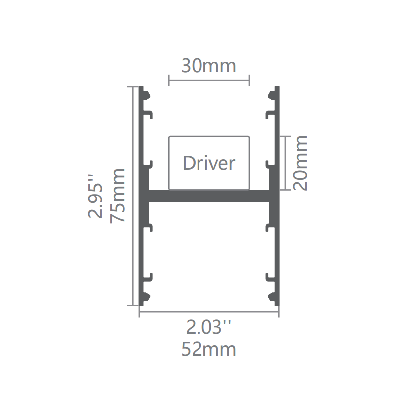 Technical dimension drawing of Lucretia Lighting FlexCurve C50N curved LED linear light showing 52mm width and 75mm depth