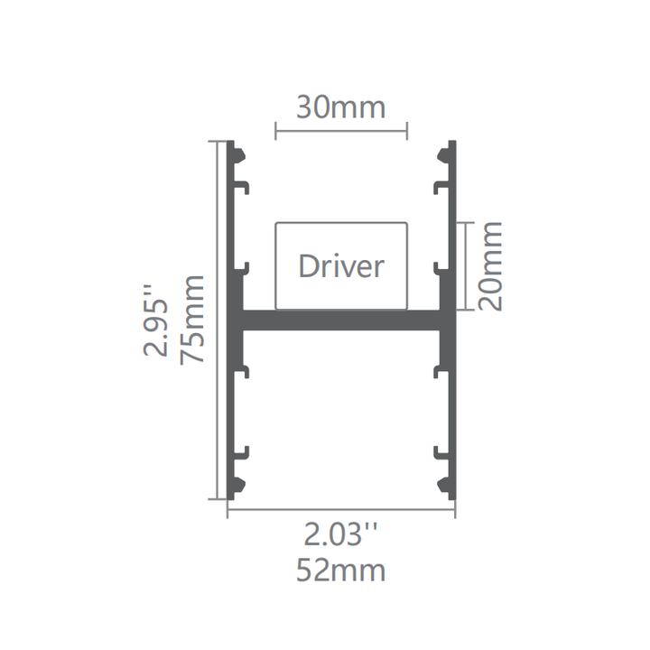 Technical dimension drawing of Lucretia Lighting FlexCurve C50N curved LED linear light showing 52mm width and 75mm depth