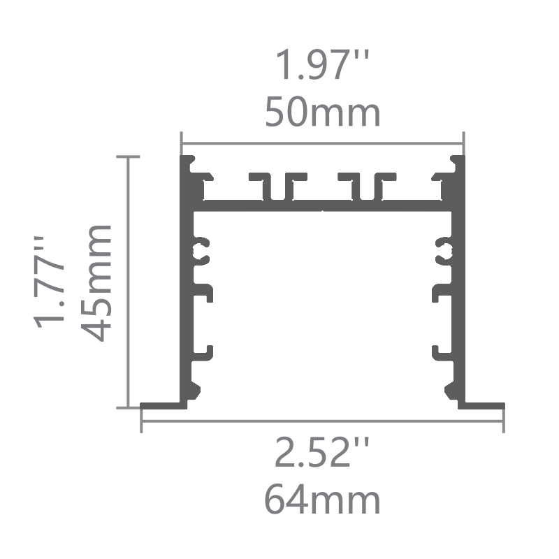 Technical dimensions of Lucretia Lighting FlexCurve CR50N recessed curved LED linear light with 64mm aperture and 45mm depth