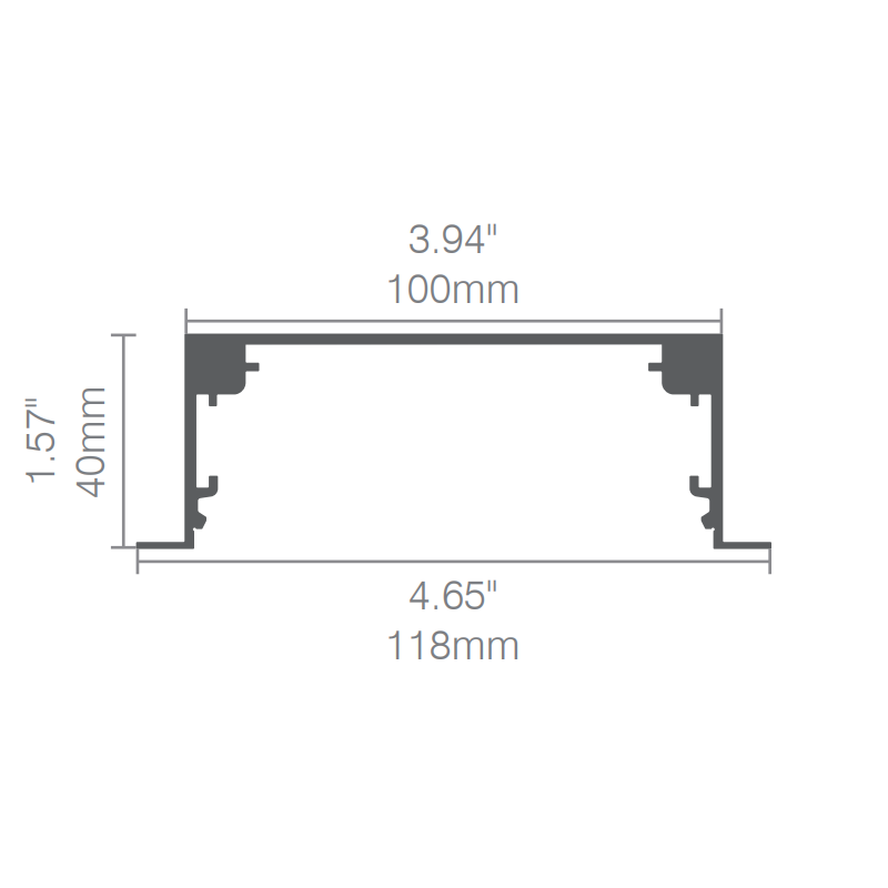 FlexCurve CRX100 recessed curved LED linear light showing 118mm aperture and 40mm recess depth dimensions
