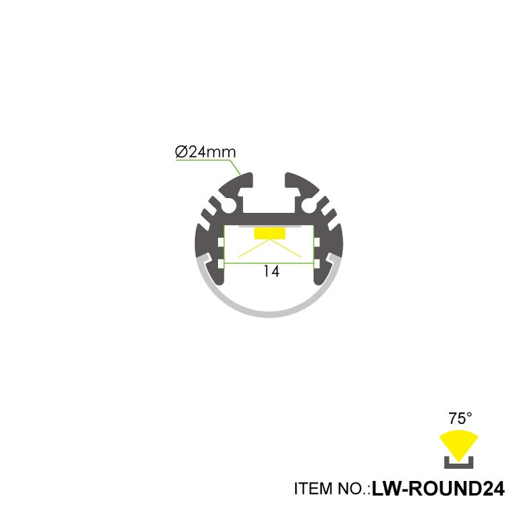 FlexGlow R24 round LED linear light bending radius diagram showing curved and circular design options