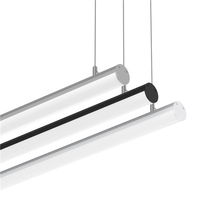 FlexGlow R24 round LED linear lights in multiple finishes showing minimal architectural tube design