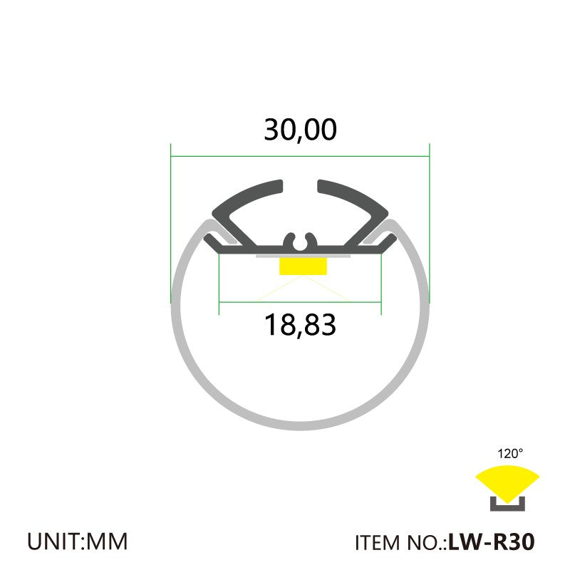 Dimension diagram of the FlexGlow R30 round LED linear light showing 30mm diameter profile