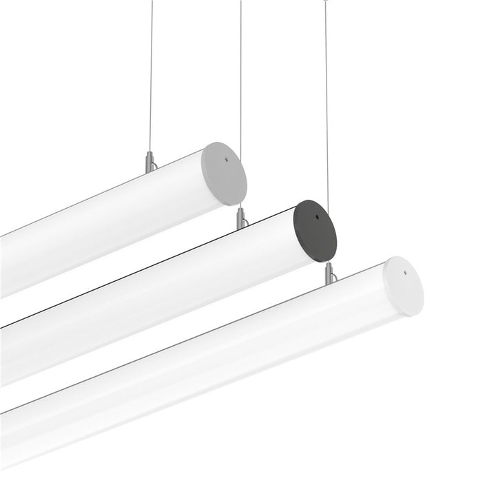 FlexGlow R30 round LED linear lights shown as a multi-fixture suspended set for modern architectural interiors