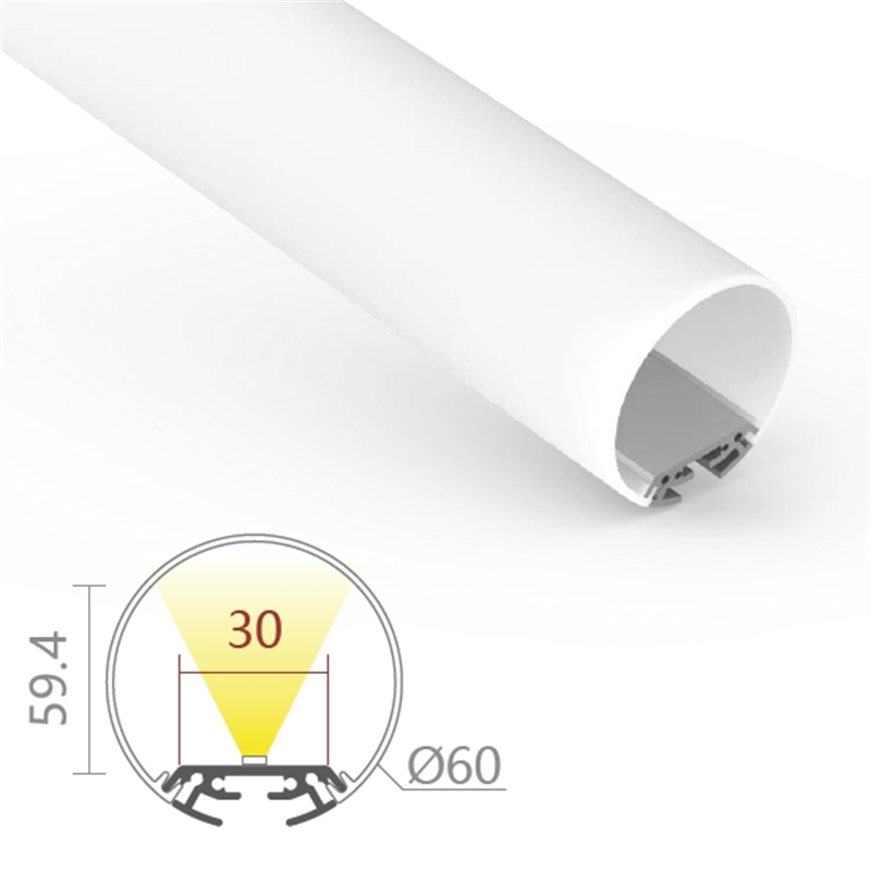 Close-up view of the FlexGlow R60 round LED linear light showing 60mm diameter and smooth continuous light output