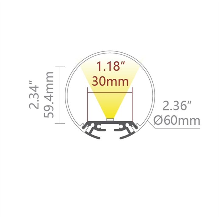 FlexGlow R60 round 60mm LED linear light beam angle and dimension diagram showing 30mm light output and 59.4mm height