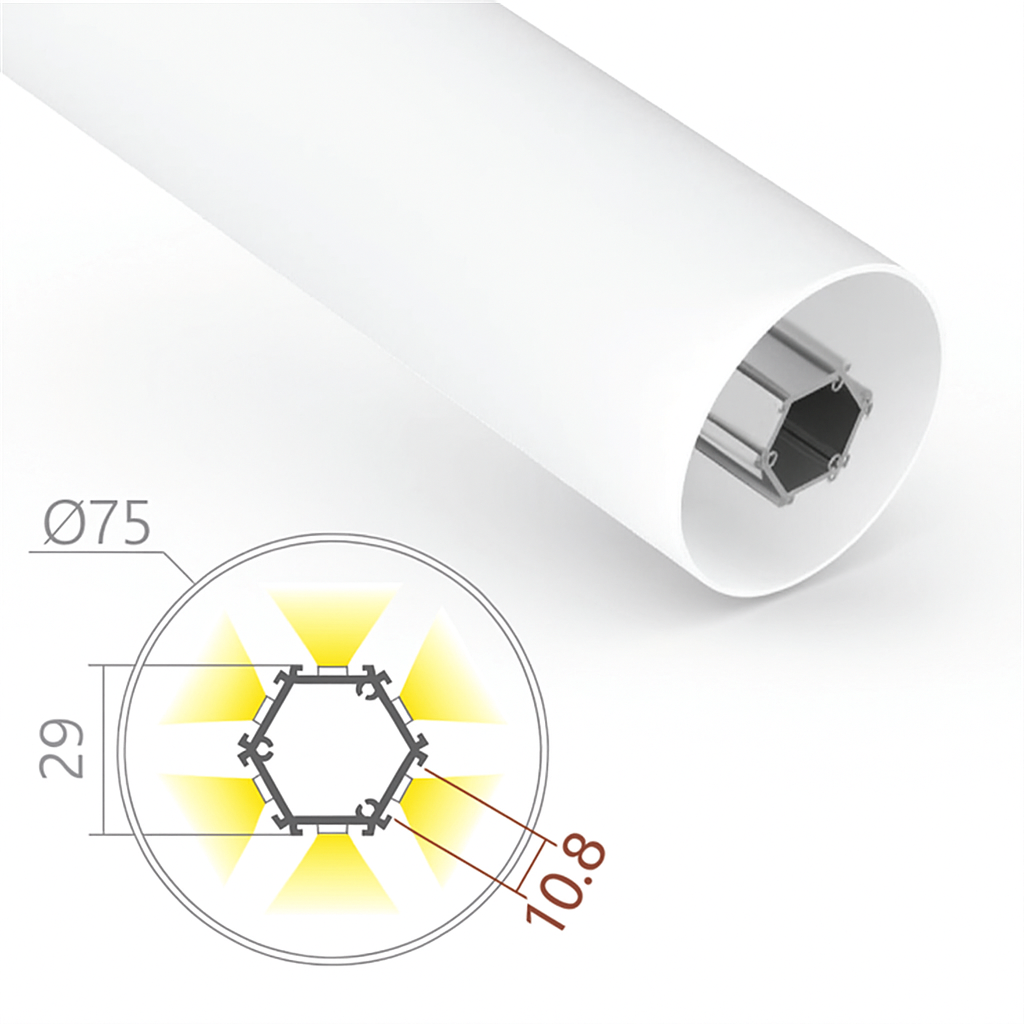 FlexGlow R75 round 75mm LED linear light suspended cylindrical profile front view