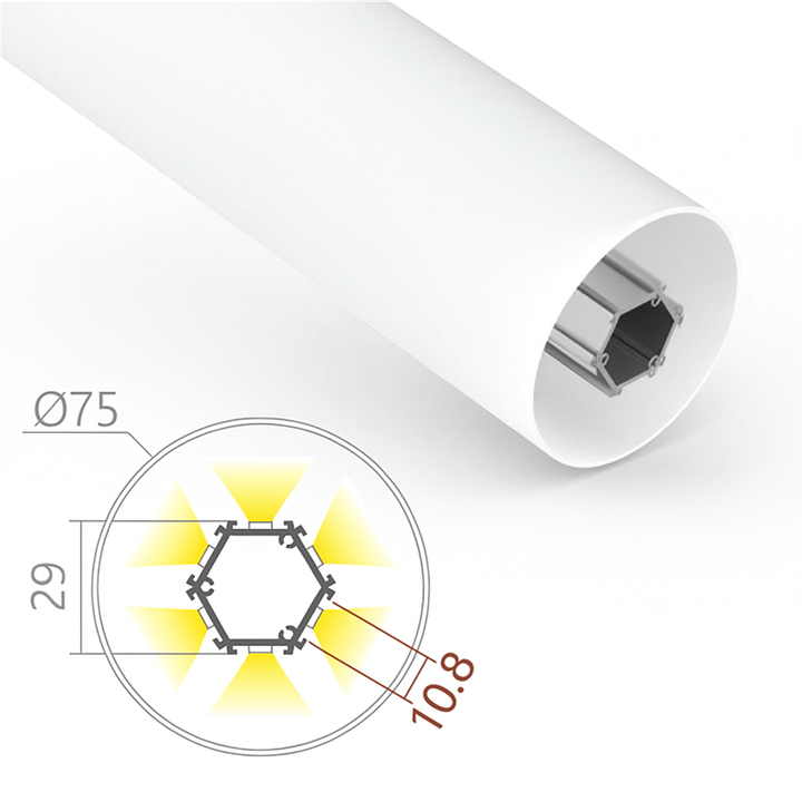 FlexGlow R75 round 75mm LED linear light suspended cylindrical profile front view