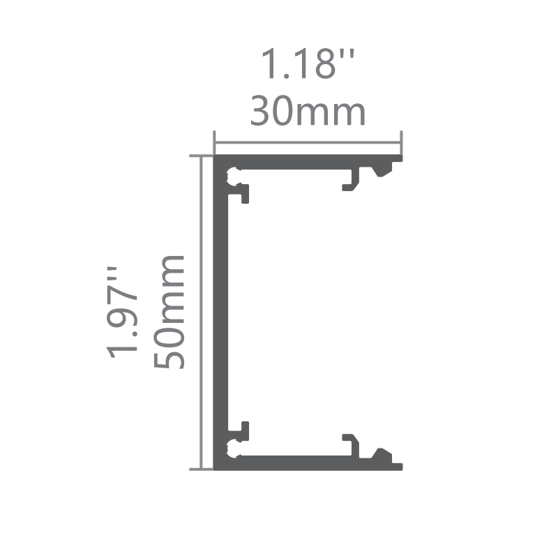 Technical dimension drawing of FlexHalo CS50 curved LED linear light showing 30mm width and 50mm height