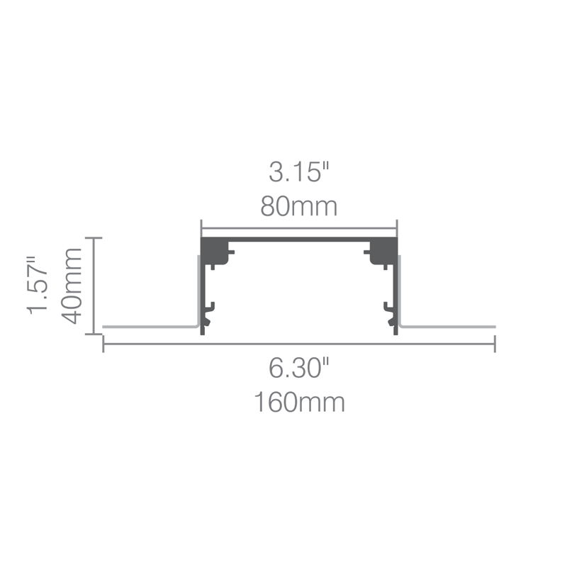 Technical drawing of the FlexTrim CXT80 trimless recessed curved LED linear light showing 80mm wide aperture