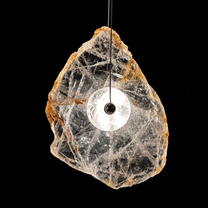 Front view of the Frozen Earth pendant light featuring natural Madagascar crystal, integrated LED glass sphere and bespoke luxury lighting design.