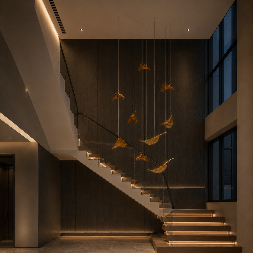 Custom Gilded Leaf Pendant Light installation creating a dramatic sculptural feature in a luxury staircase with architectural lighting.