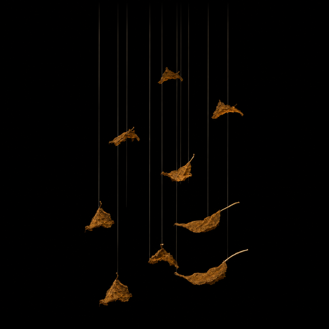 Gilded Leaf Pendant Light sculptural installation with handcrafted metallic woven leaves for luxury staircase and architectural lighting.