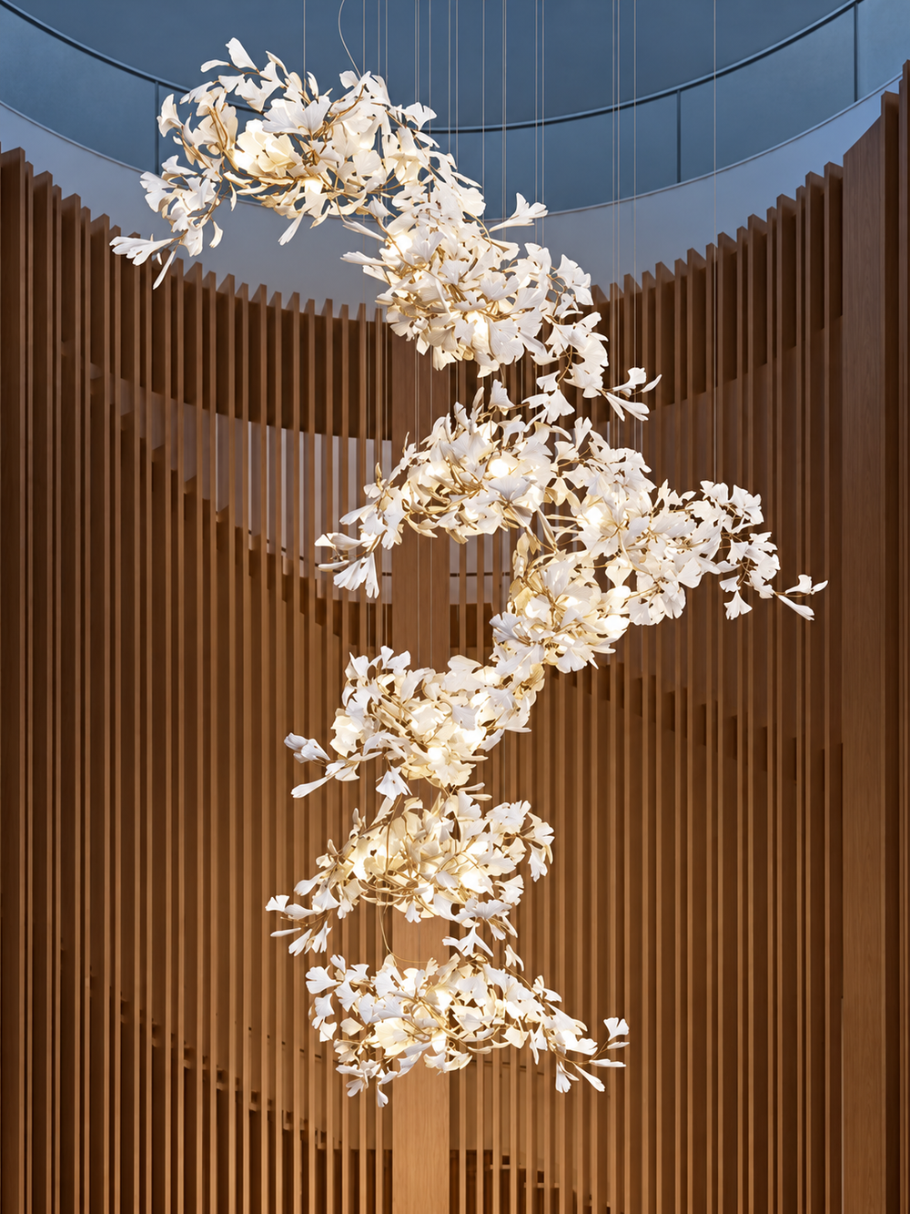 Ginkgo Leaf bespoke pendant lit, a vertical cascade of white ceramic Ginkgo leaves on gold branches in a curved timber slat void