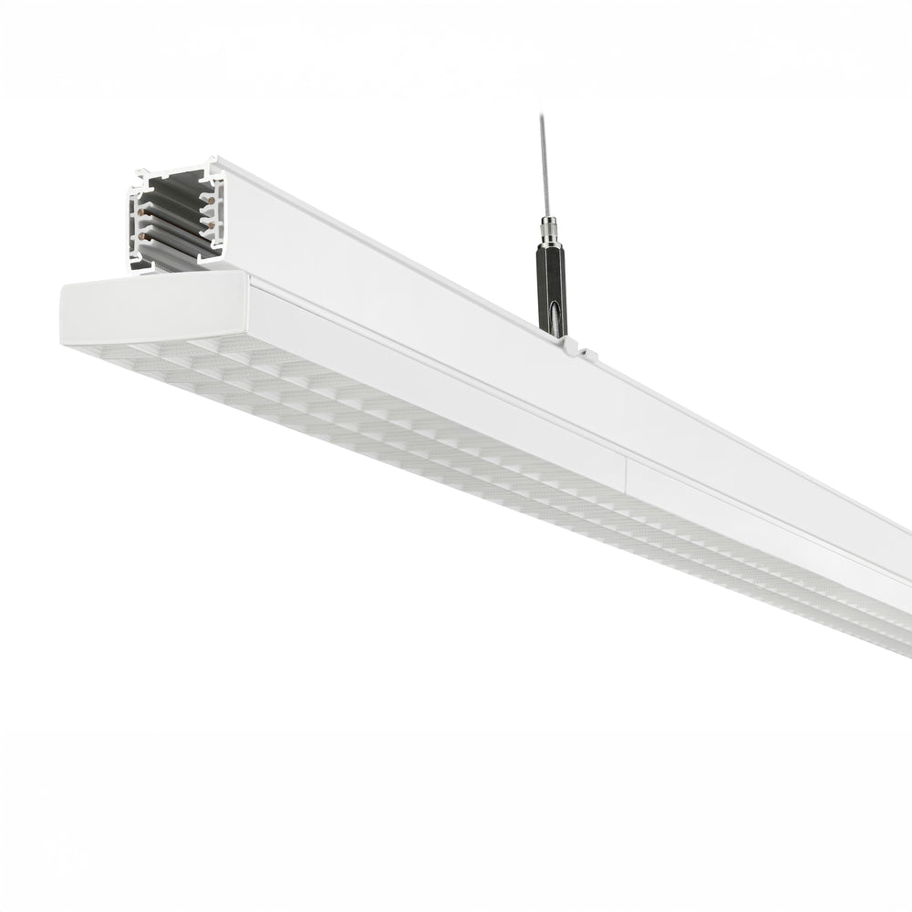 Side view of Lucretia Lighting GlareGuard supermarket linear track light featuring low-glare grille design